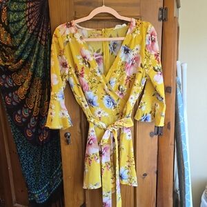 Sweet Wanderer Yellow Floral Wrap Dress
